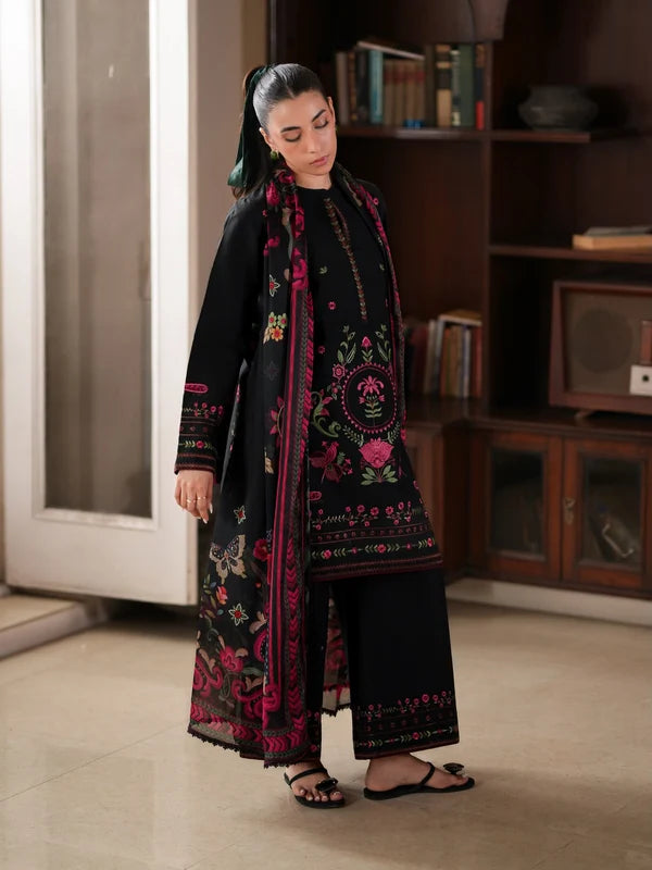 Elbellara Fully Embroidered Khaddar 3-Piece Suit Skylight Black