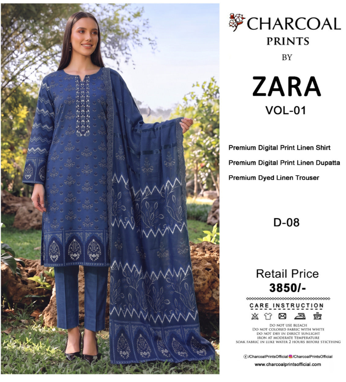 Charcoal Original Lelan 3PC Printed With Dyed Trouser 001914