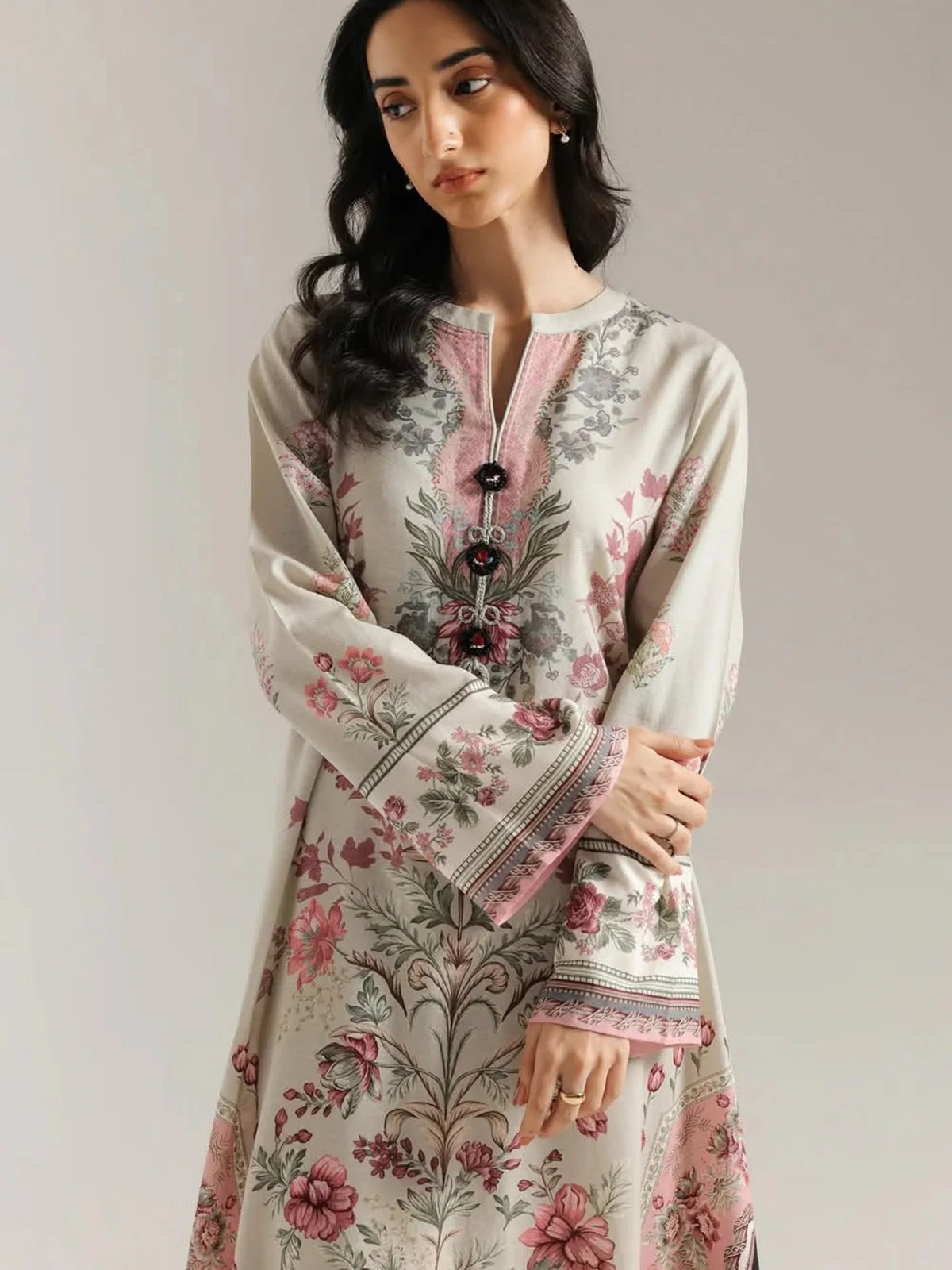 Ethnic Printed Grip Silk Kaftan 2Pcs Shirt Trouser Unsticthed