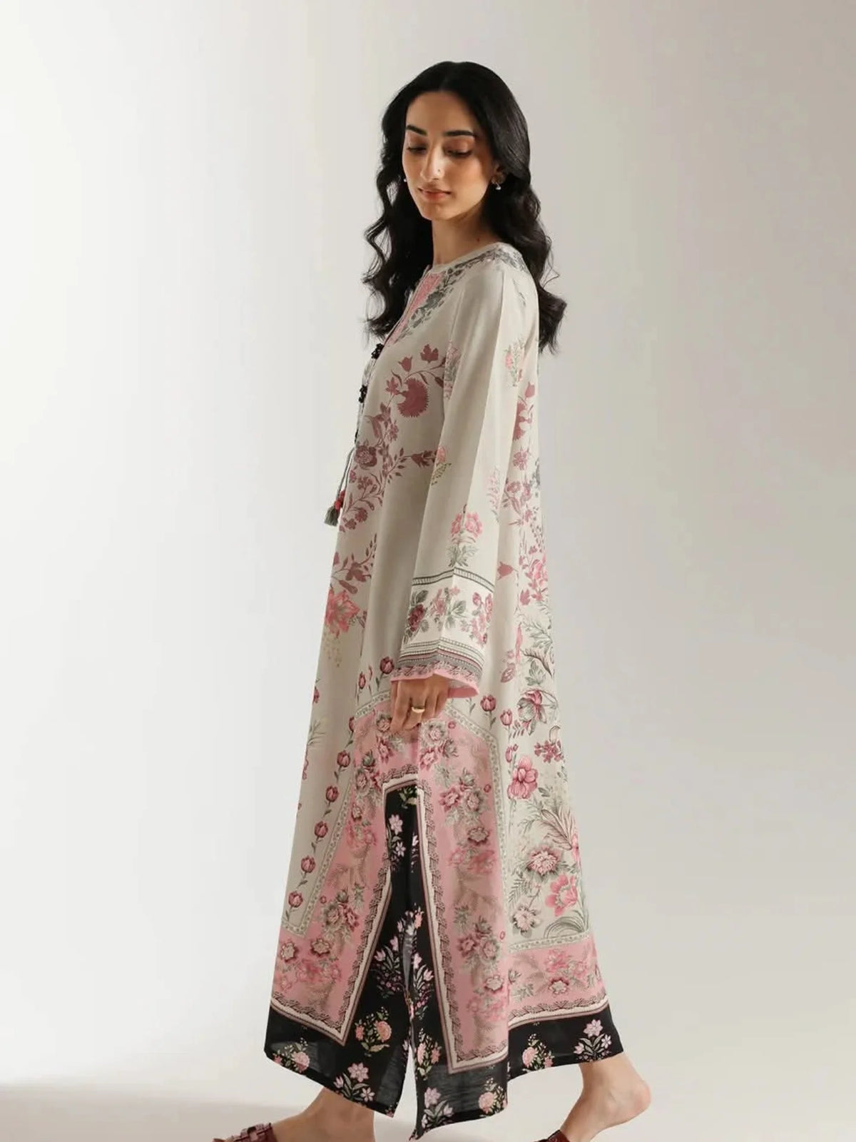 Ethnic Printed Grip Silk Kaftan 2Pcs Shirt Trouser Unsticthed