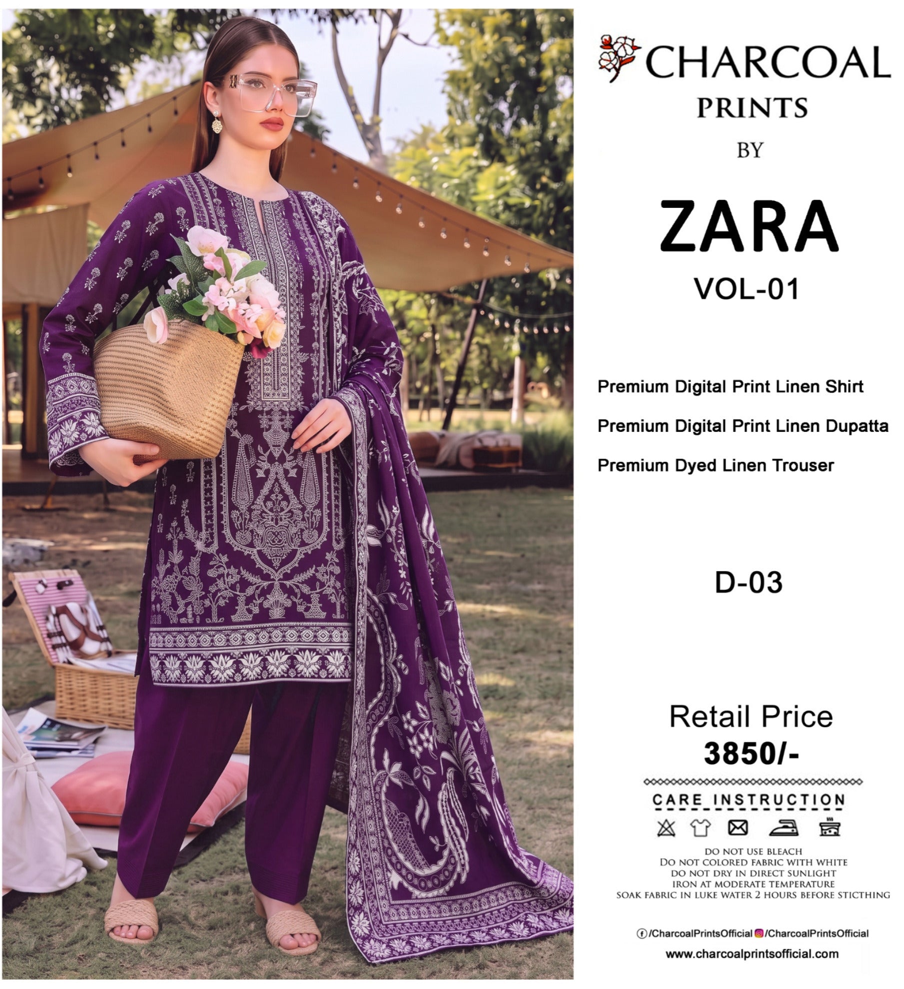 Charcoal Original Lelan 3PC Printed With Dyed Trouser 001909