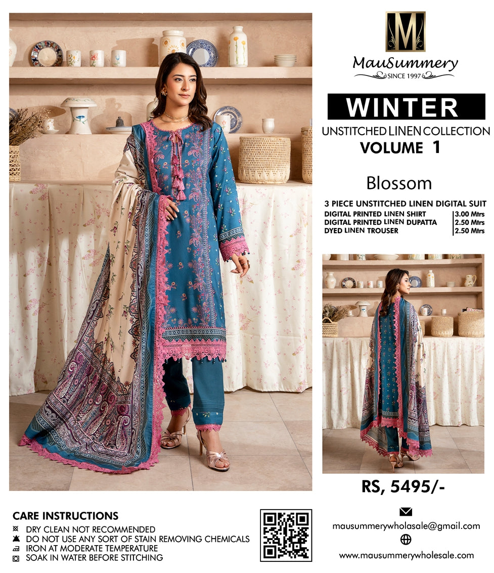 Musammary Linen Digital Suit | 3-Piece Unstitched Winter Suit  000714