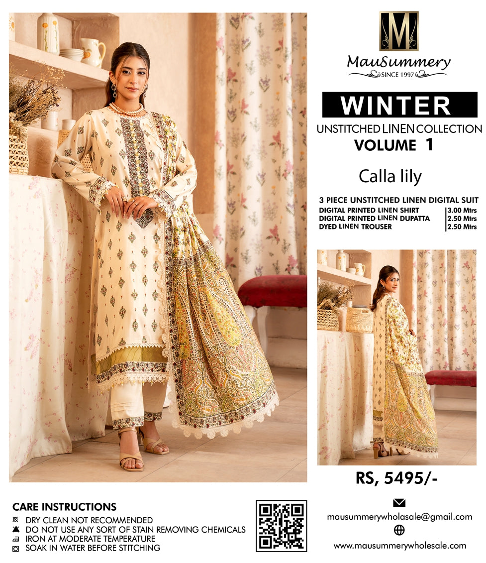Musammary Linen Digital Suit | 3-Piece Unstitched Winter Suit 000711